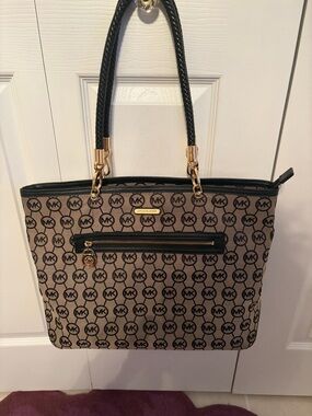 Michael Kors Beige and Black Signature Logo Tote with Gold Hardware